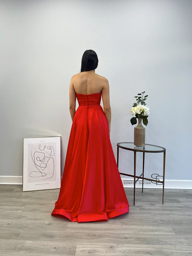 Red Strapless Ball Gown