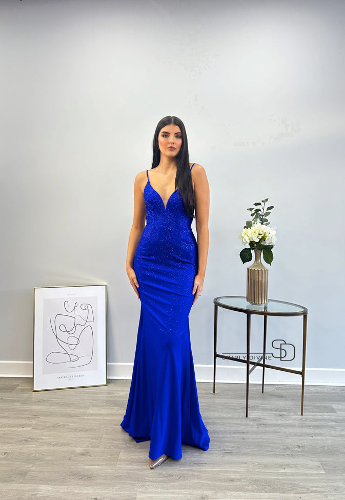 Royal Blue Dress embellished with diamonds