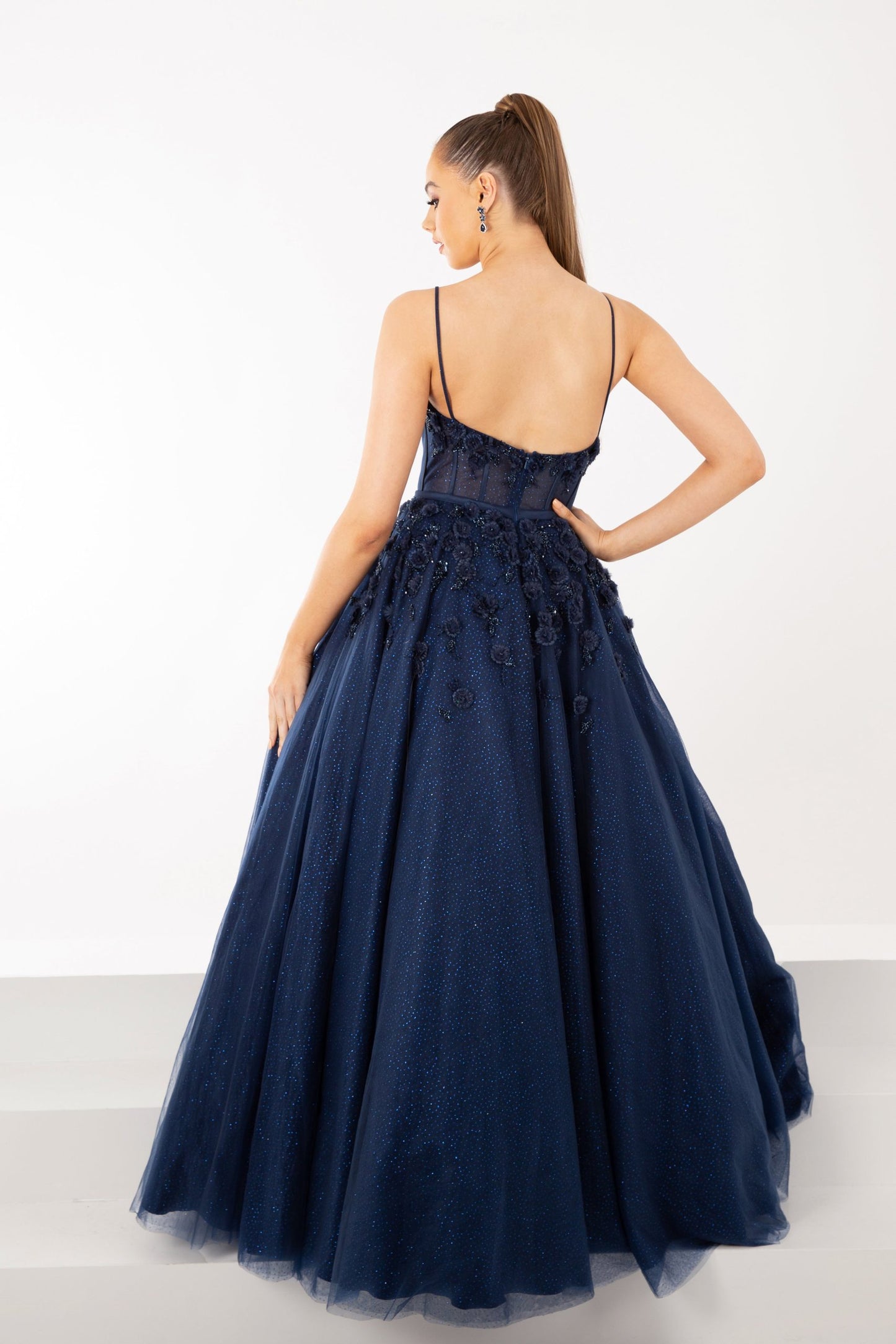 Navy A-line Dress with Floral Details