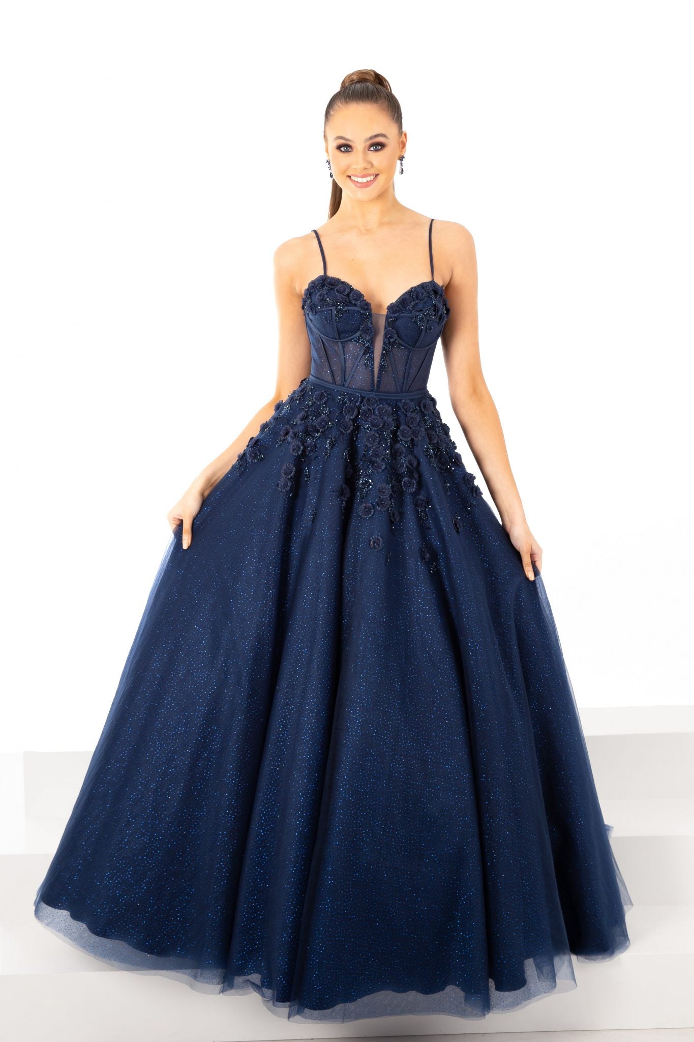 Navy A-line Dress with Floral Details