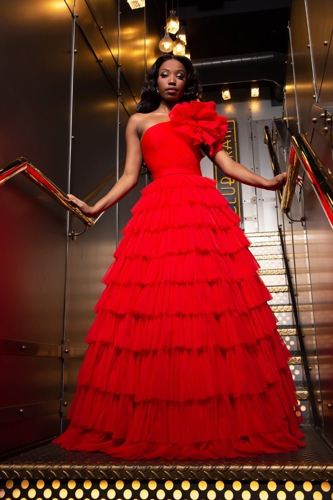  Red Tulle Gown