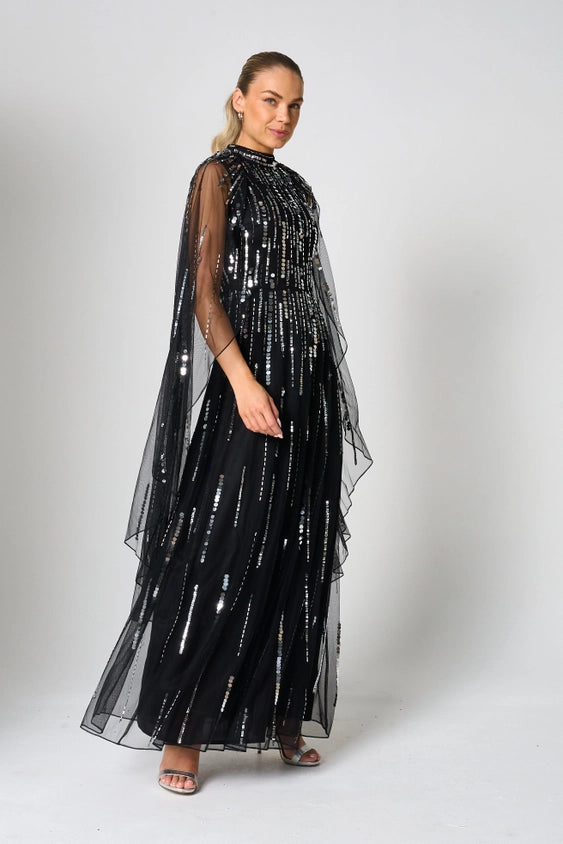 Eileen Black Sequin Cape Sleeve Maxi Dress