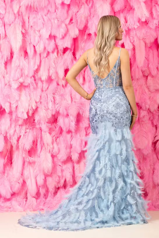 Blue Embellished Mermaid Dress with Feathers