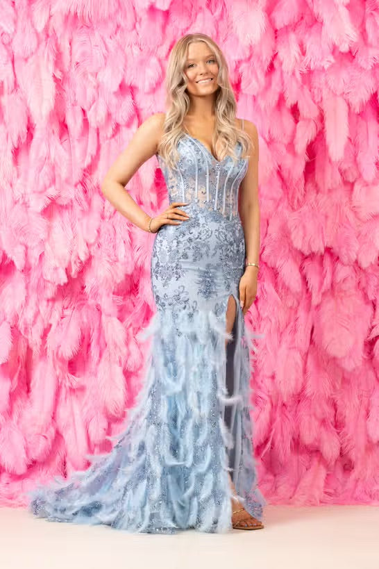 Blue Embellished Mermaid Dress with Feathers