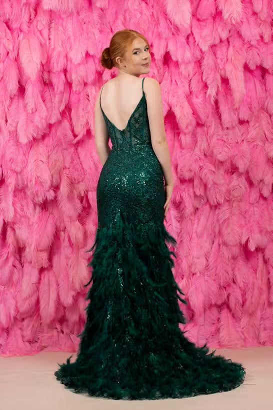 Green Embellished Mermaid Dress with Feathers