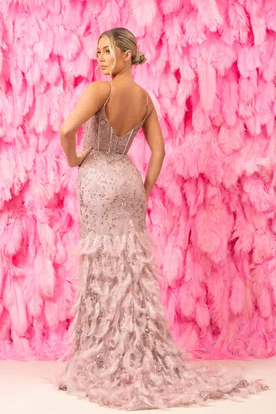 Mauve Embellished Mermaid Dress with Feathers