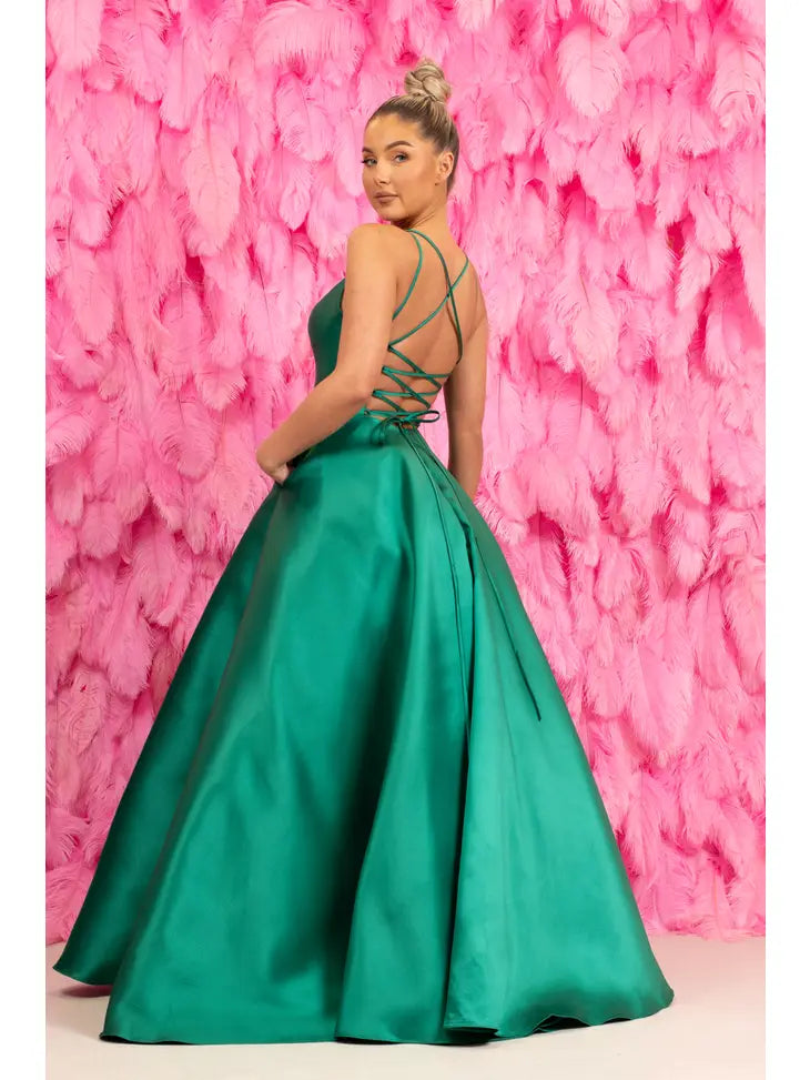 open back green prom dress