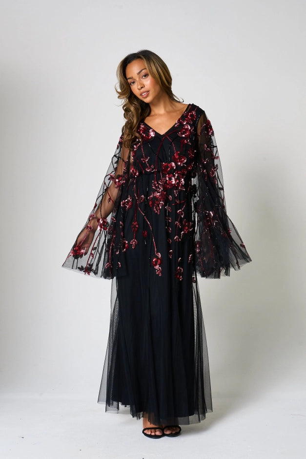 Zola Black Floral Embellished Cape Maxi Dress