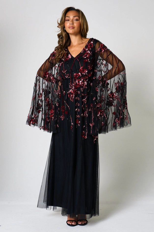 Zola Black Floral Embellished Cape Maxi Dress