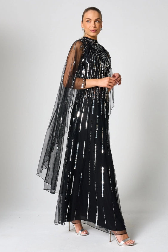 Eileen Black Sequin Cape Sleeve Maxi Dress
