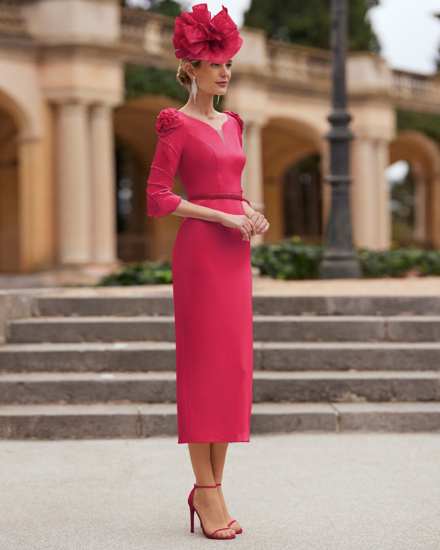 Raspberry Mother of the Bride Dress with Pearls