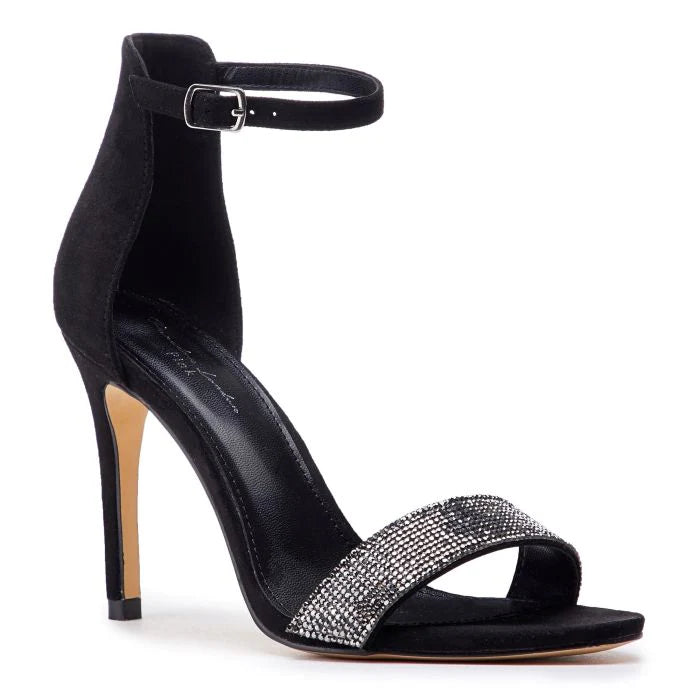 Black open toed heel, with a sparkling band across the foot