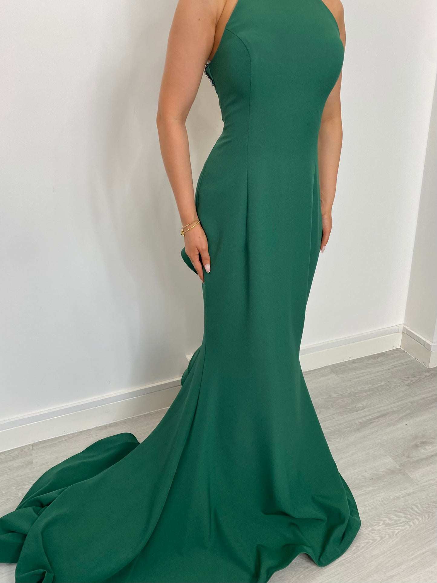 Emerald High Neck Dress with Embellished Collar