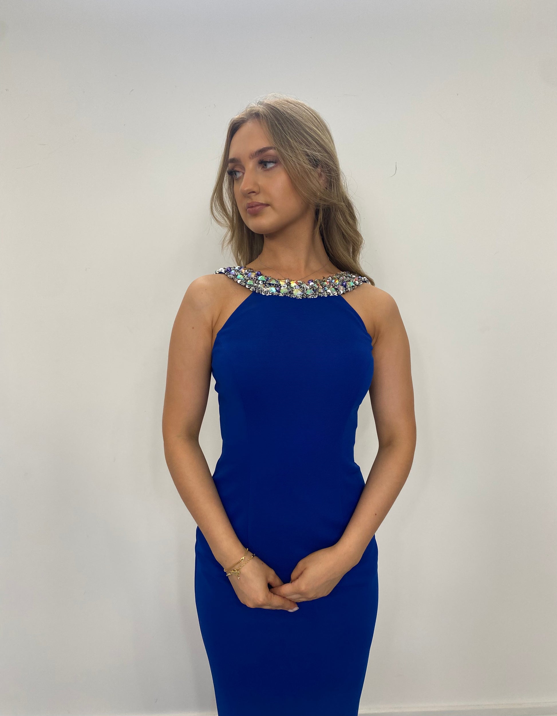 Royal Blue High Neck Dress with Embellished Collar