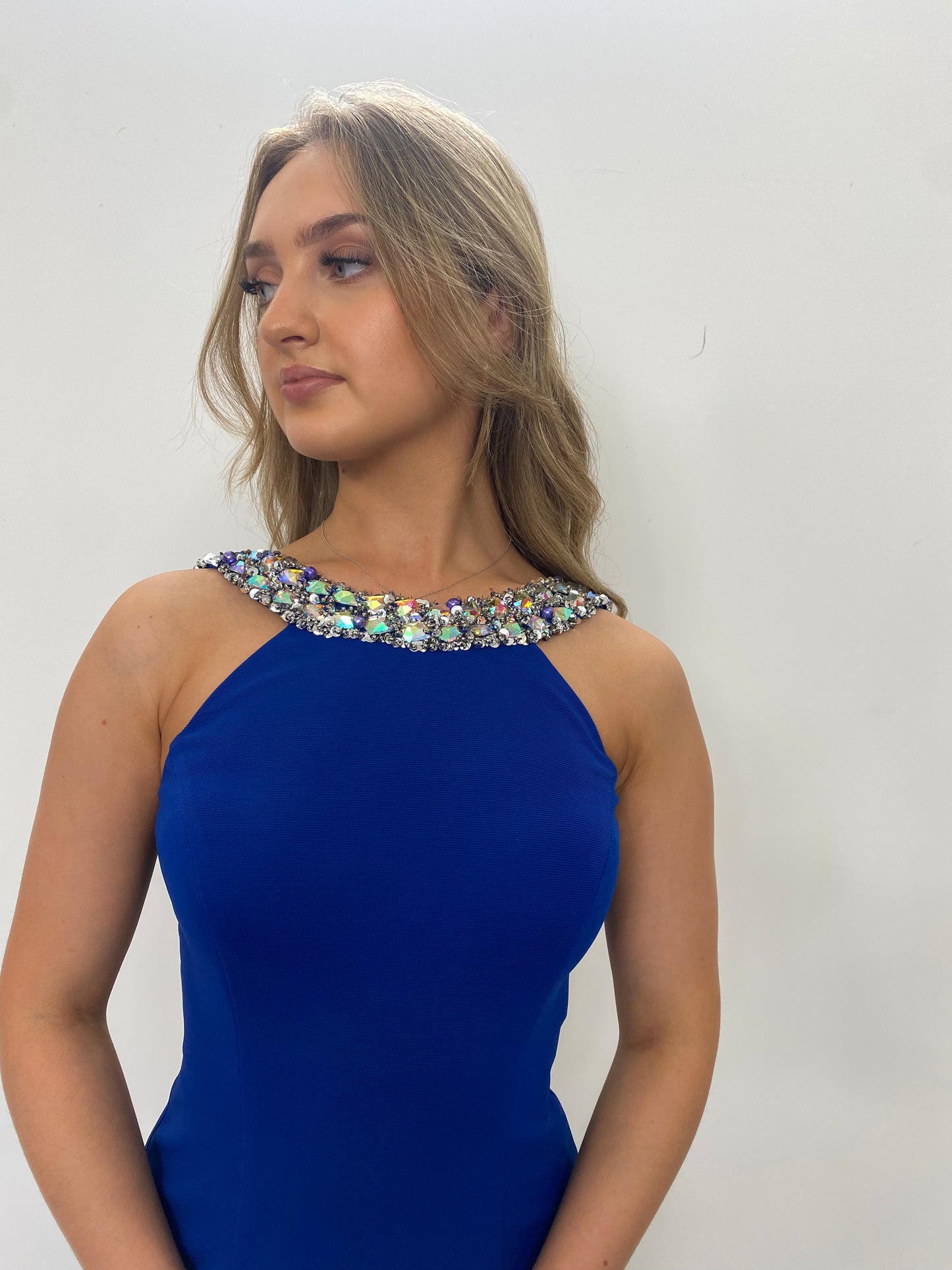 Royal Blue High Neck Dress with Embellished Collar