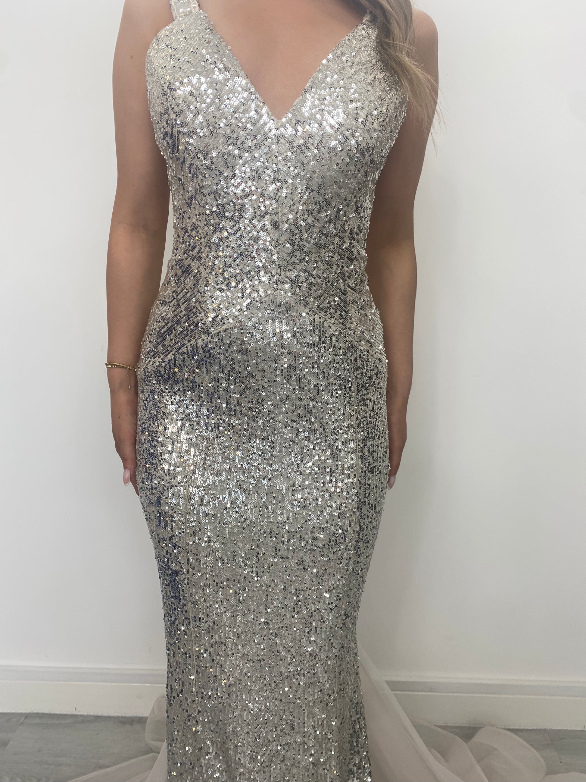 Glitter Silver Fitted Dress with Train