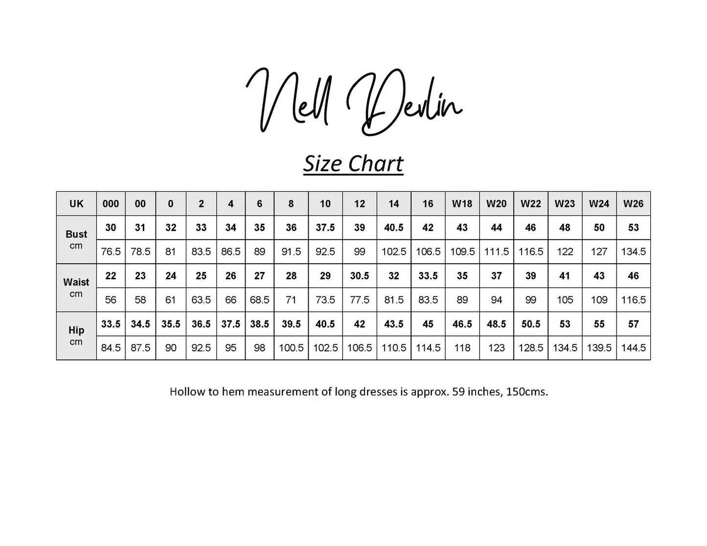 Nell Devlin Size Chart