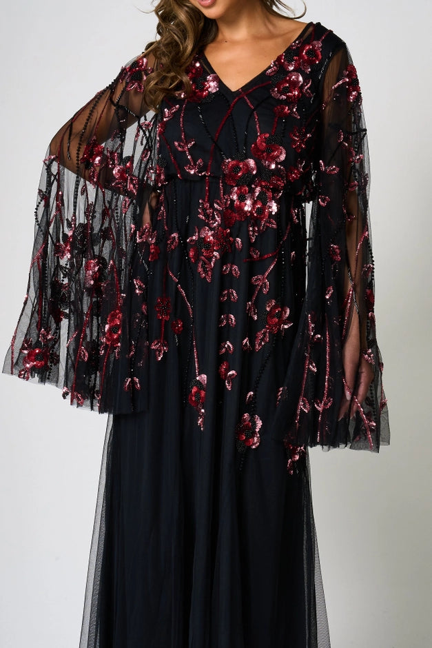 Zola Black Floral Embellished Cape Maxi Dress