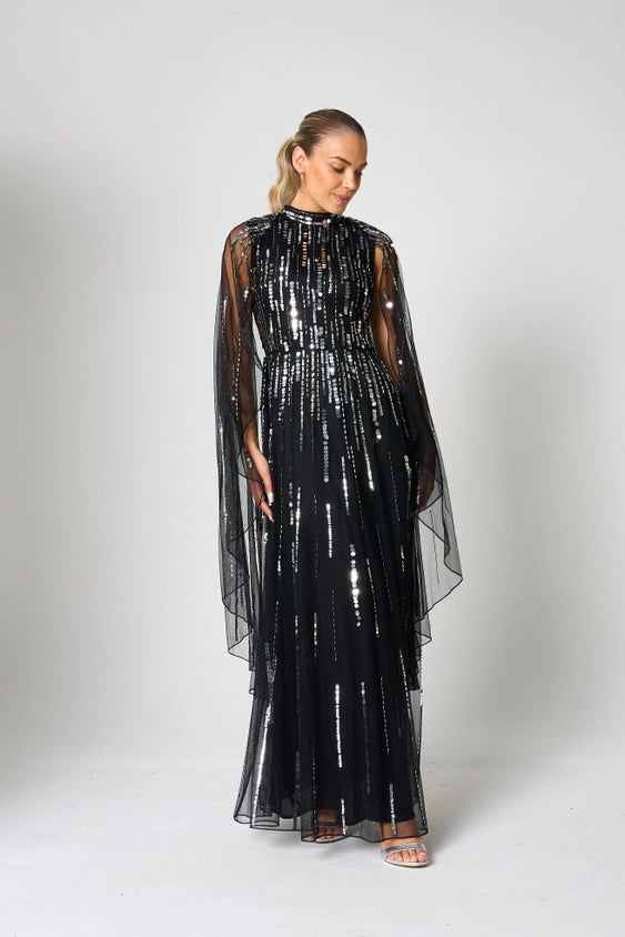 Eileen Black Sequin Cape Sleeve Maxi Dress