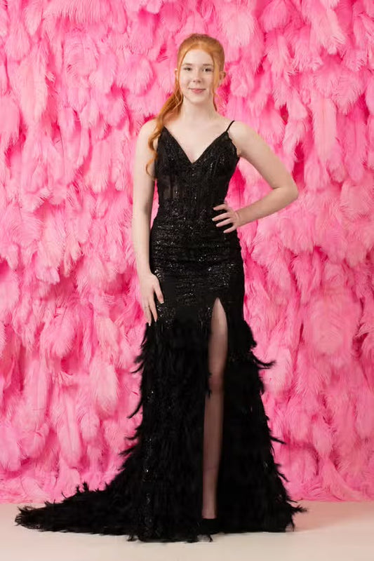 Black Embellished Mermaid Dress with Feathers