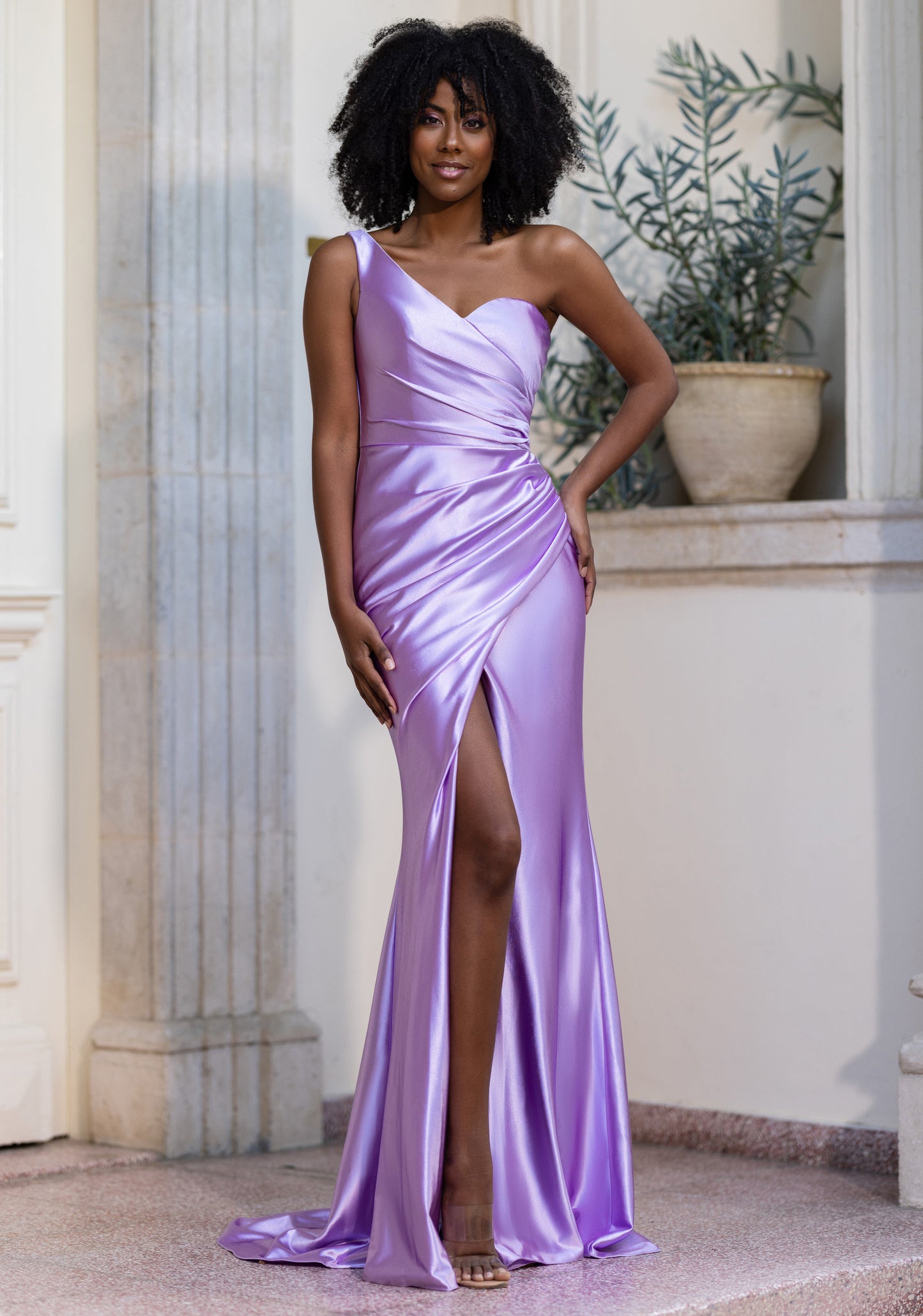 Lilac silky evening dress