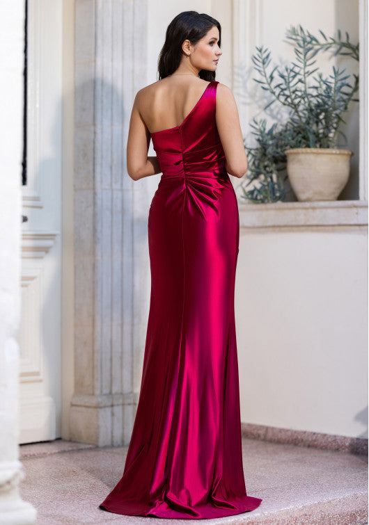 Red silky evening dress