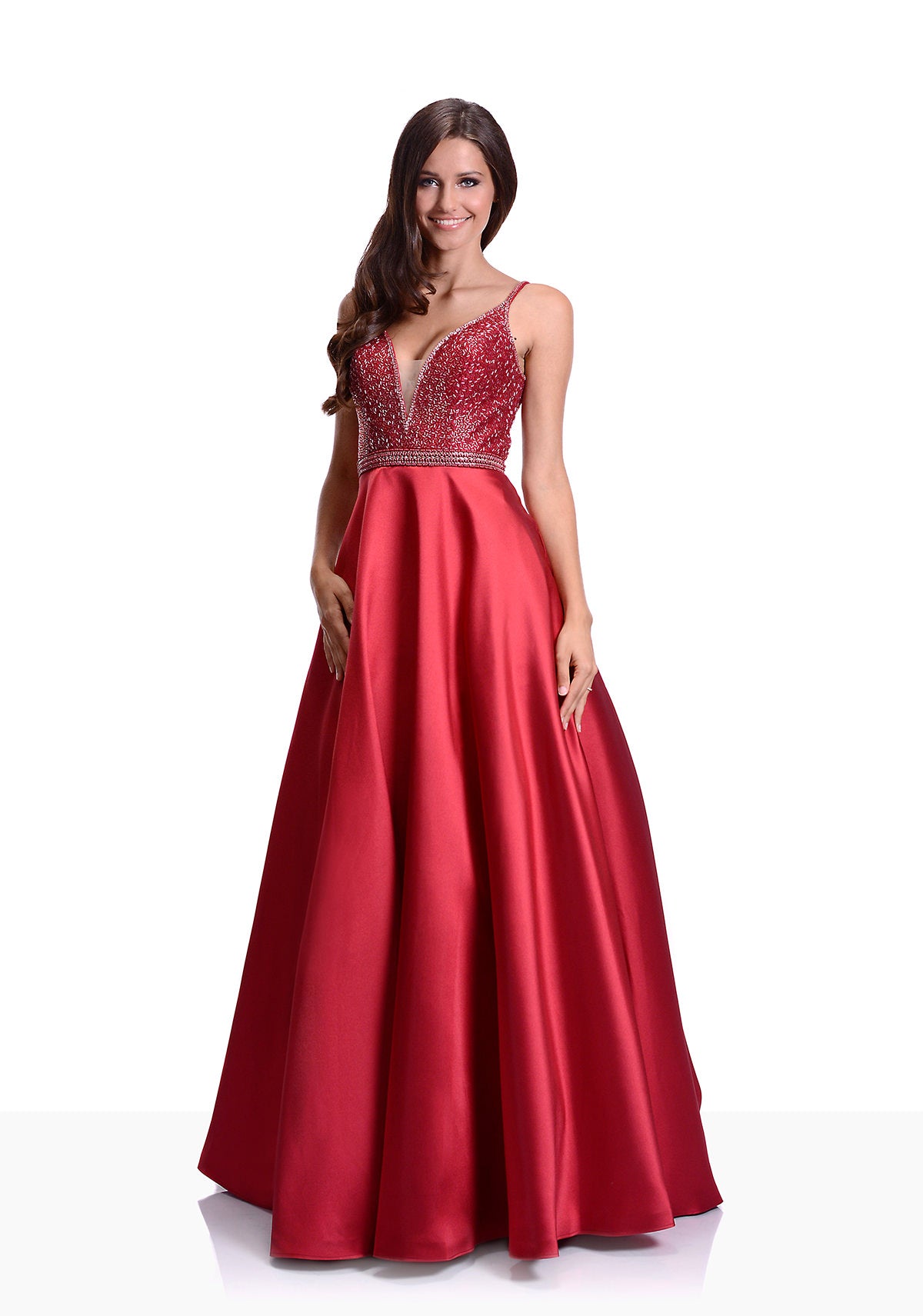 plunging red prom or evening dress