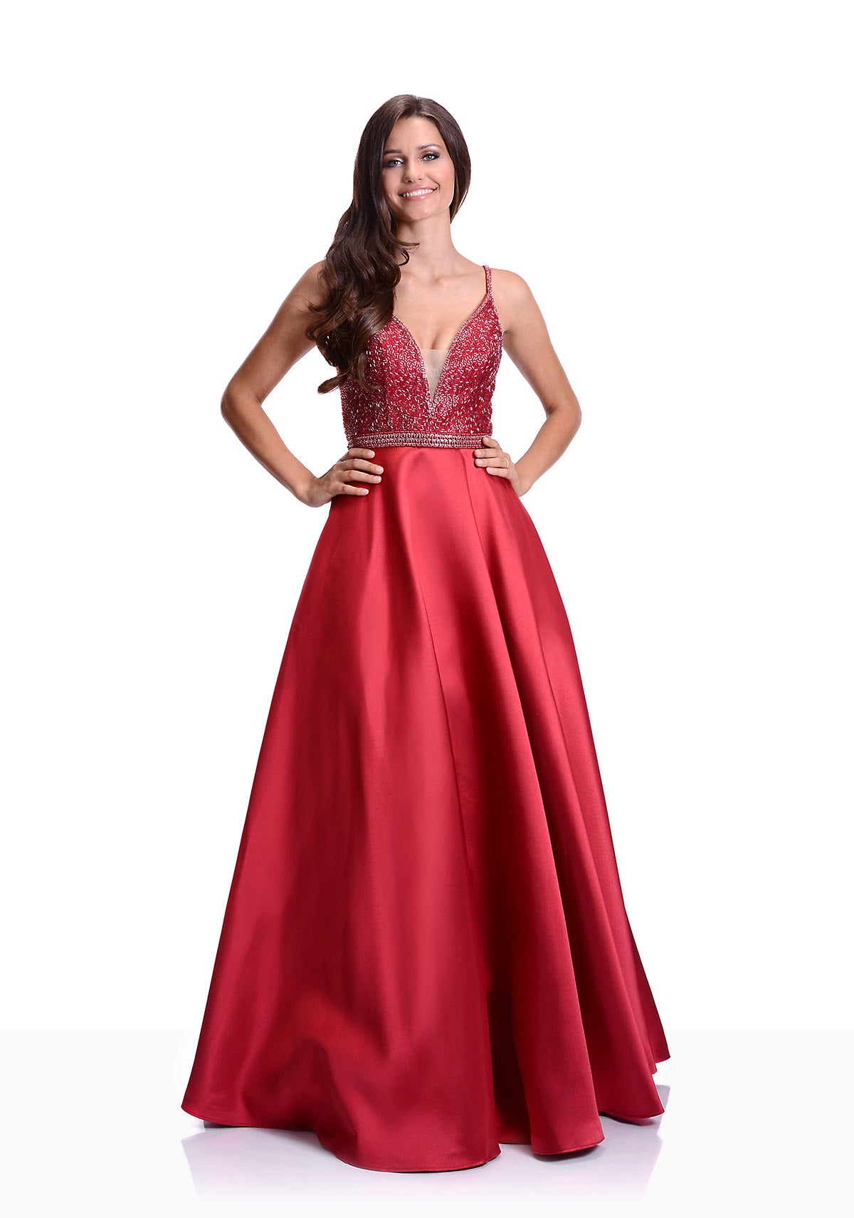plunging red prom dress