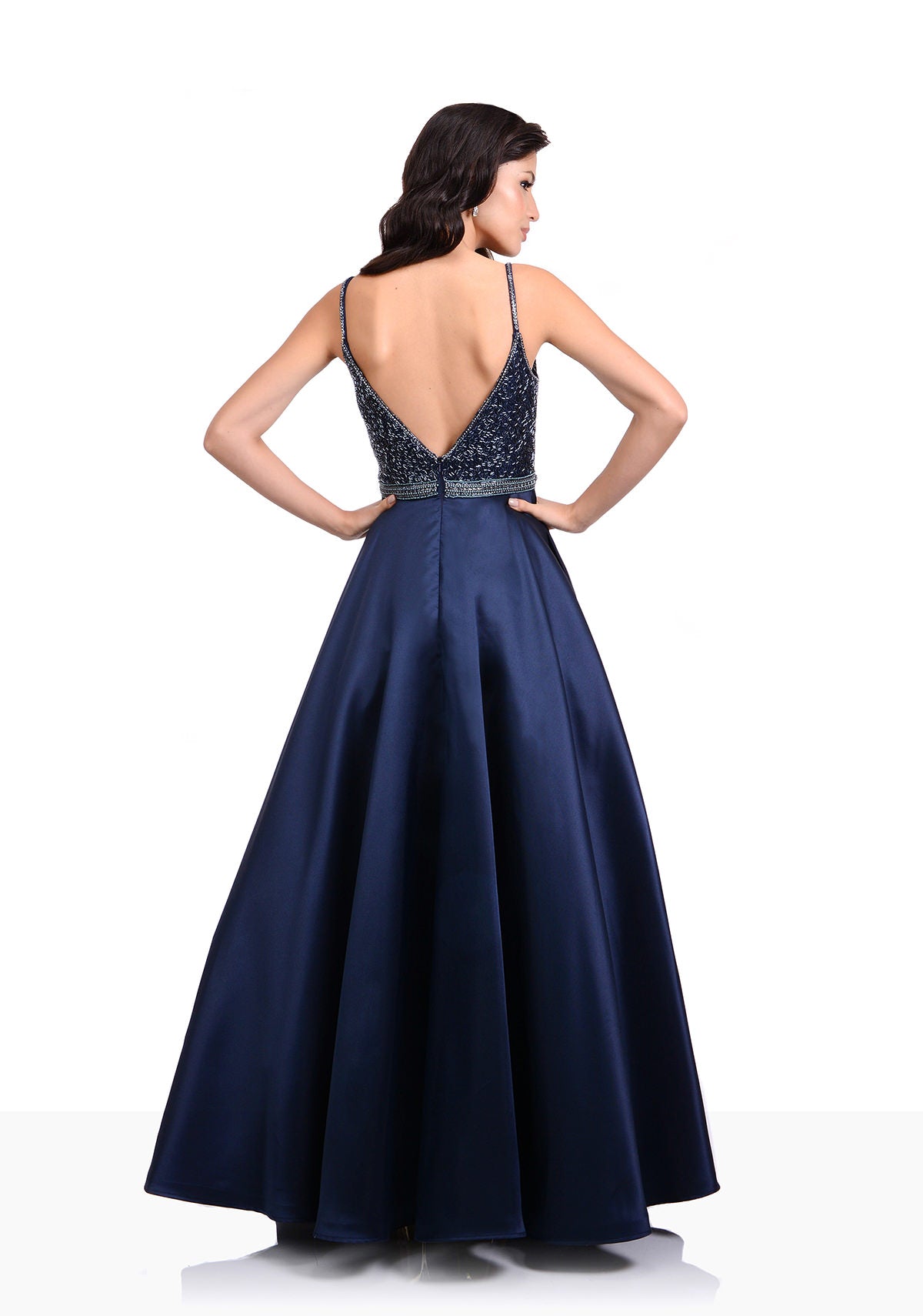 Low back Navy prom or evening dress. 