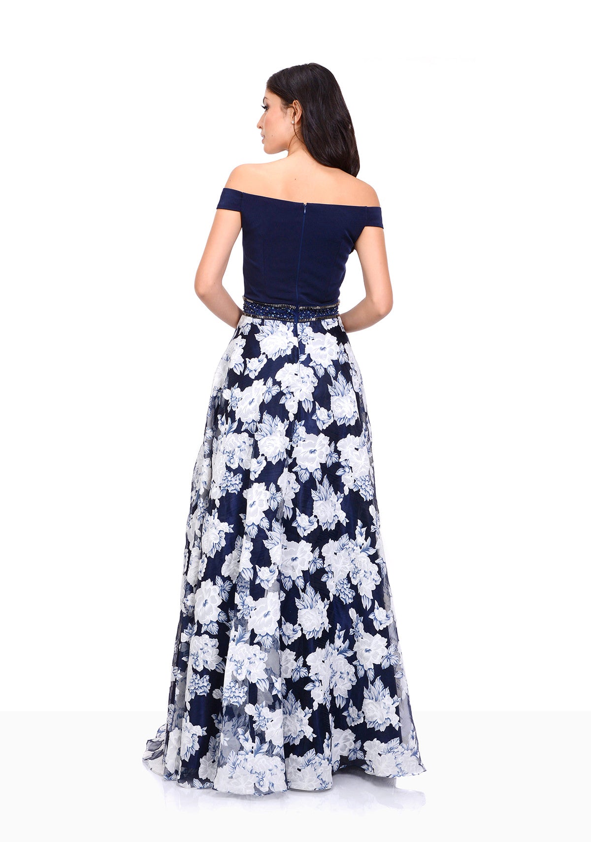Floral navy A-line dress with embellished glitter belt. Off the shoulder navy neckline. Unique and stylish prom and evening dress.