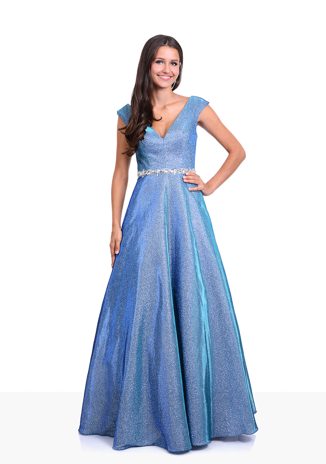 Glitter blue ball gown with diamante waist band. Full skirt glitter dress perfect for prom or an evening gown. 
