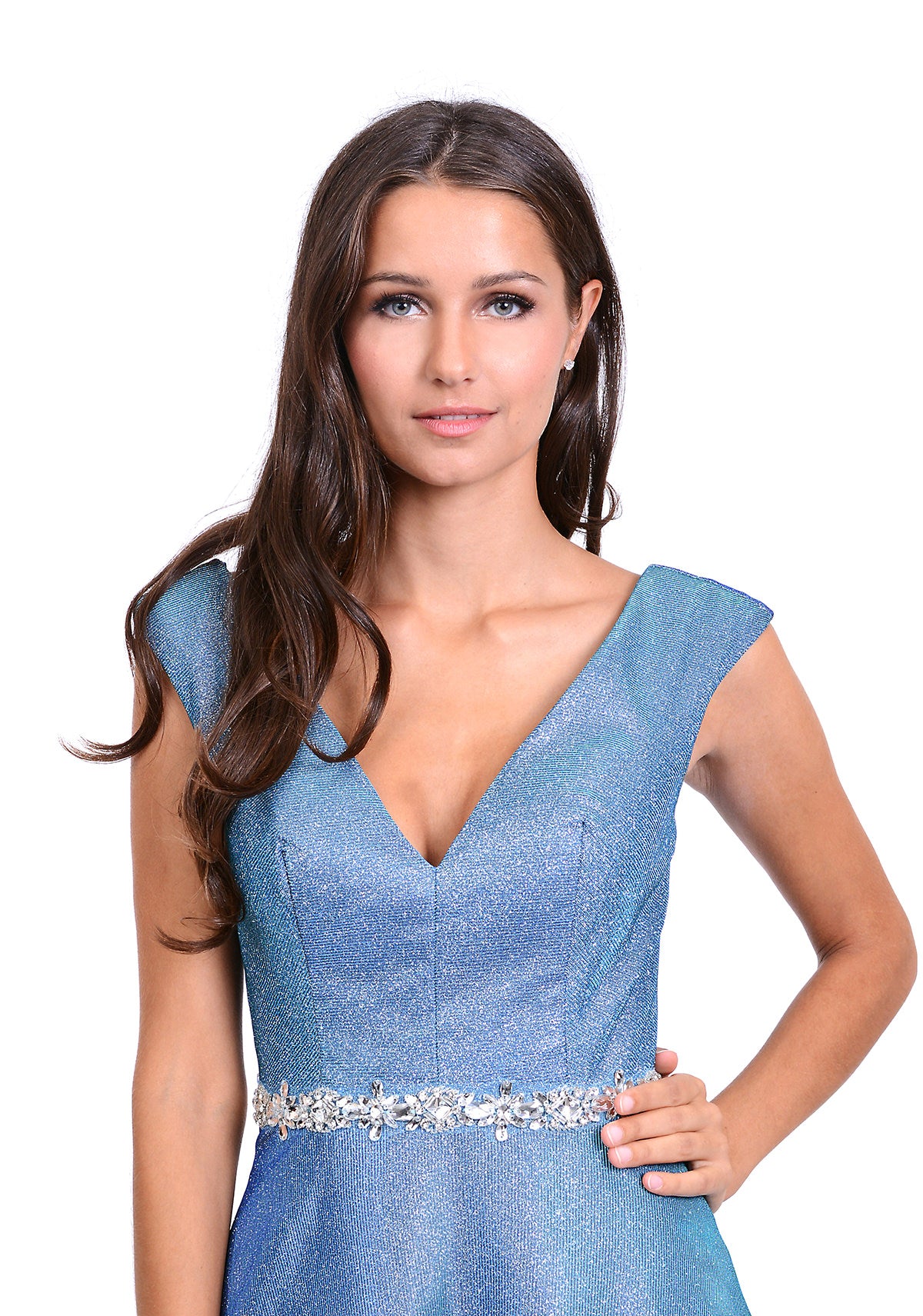 Glitter blue ball gown with diamante waist band. Full skirt glitter dress perfect for prom or an evening gown. 