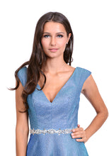 Load image into Gallery viewer, Glitter blue ball gown with diamante waist band. Full skirt glitter dress perfect for prom or an evening gown. 
