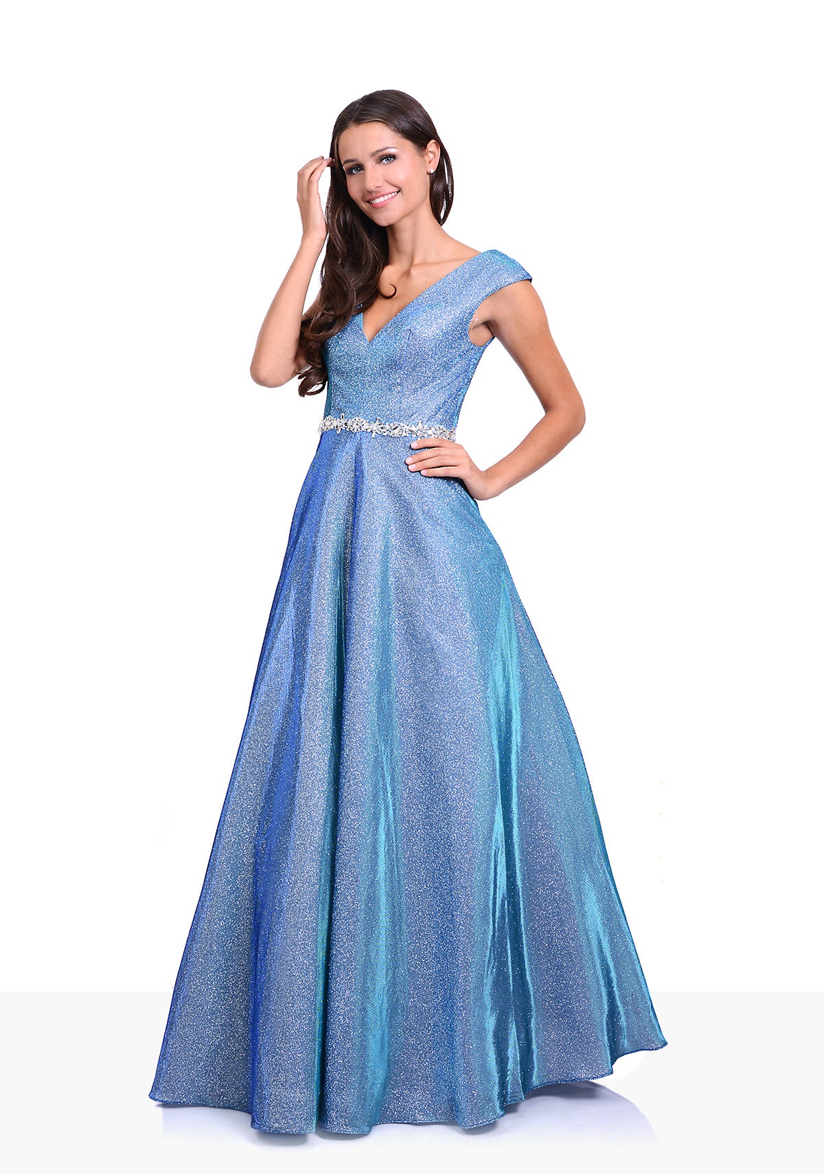 Glitter blue ball gown with diamante waist band. Full skirt glitter dress perfect for prom or an evening gown. 