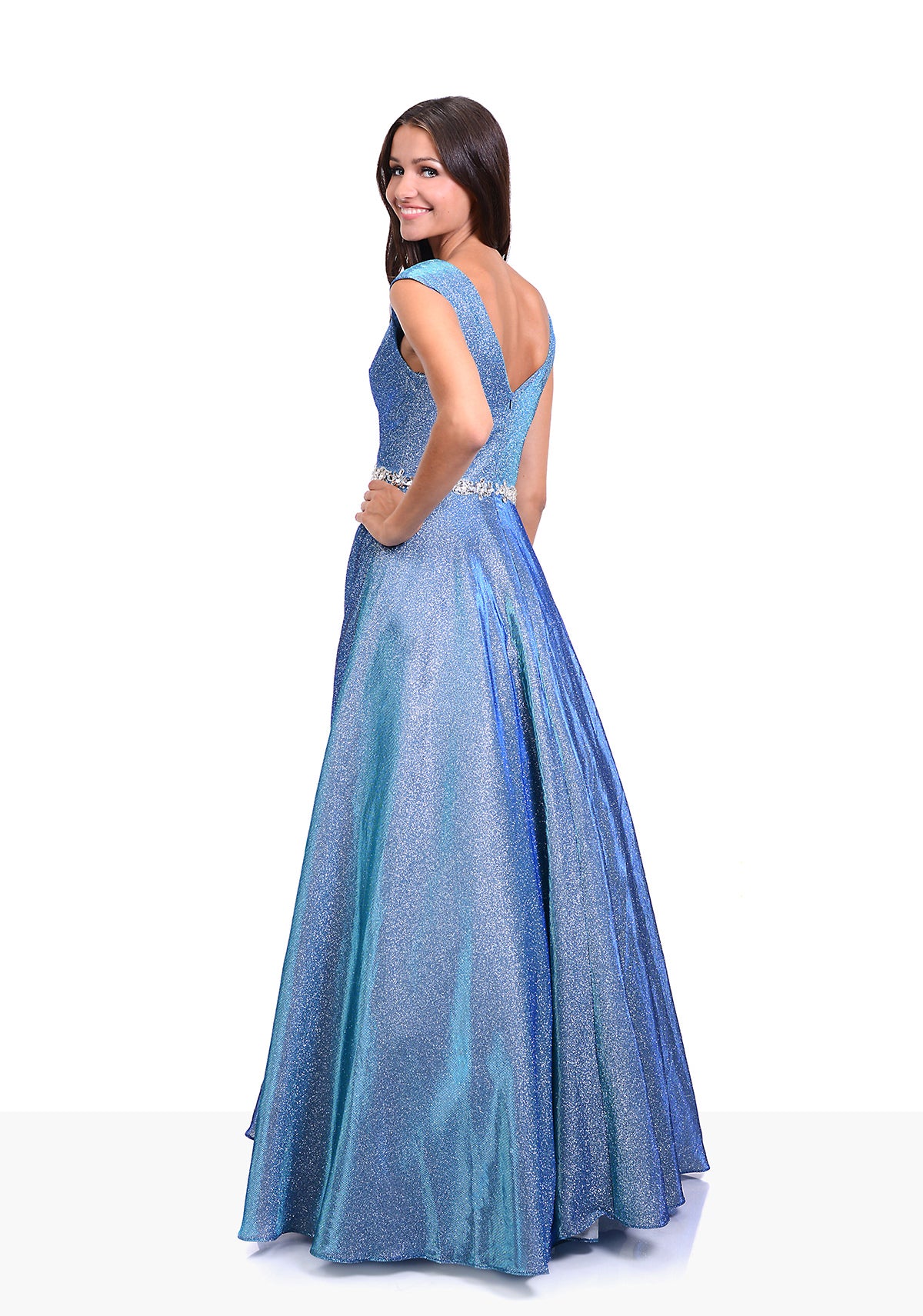 Glitter blue ball gown with diamante waist band. Full skirt glitter dress perfect for prom or an evening gown. 