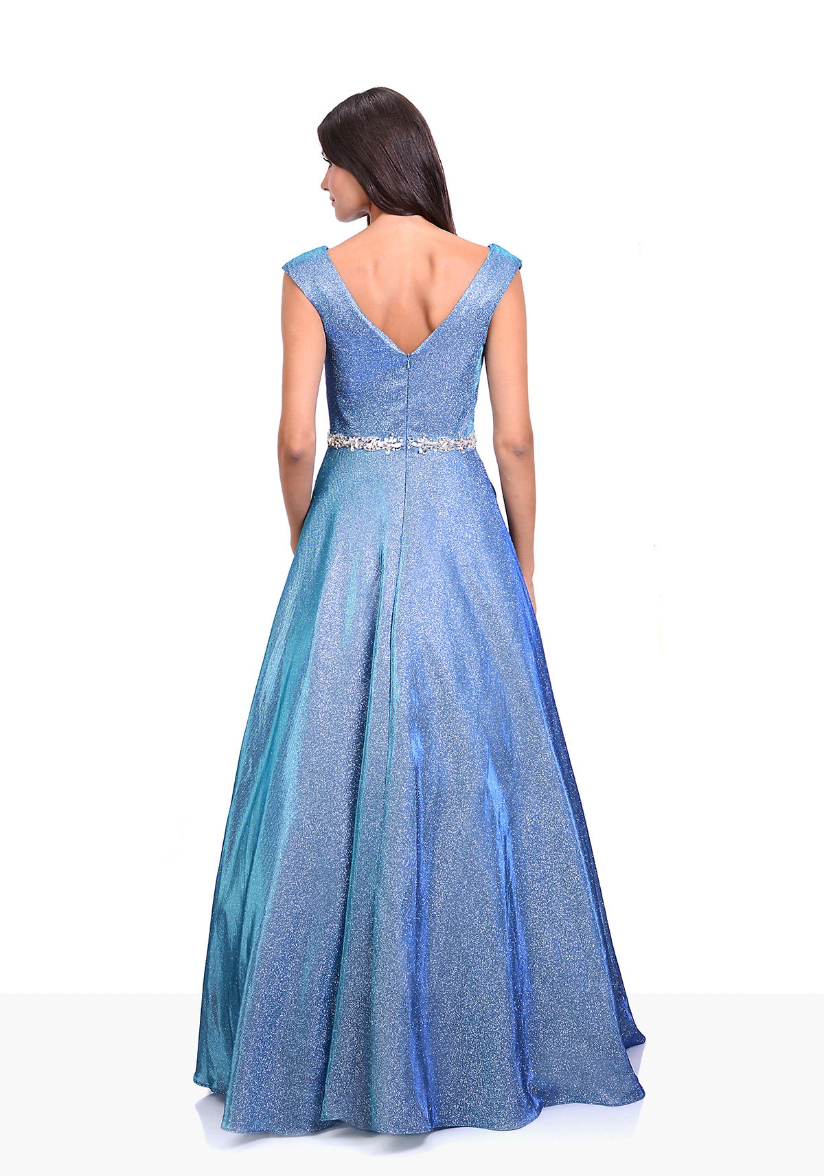 Glitter blue ball gown with diamante waist band. Full skirt glitter dress perfect for prom or an evening gown. 