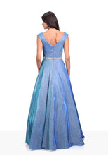 Load image into Gallery viewer, Glitter blue ball gown with diamante waist band. Full skirt glitter dress perfect for prom or an evening gown. 
