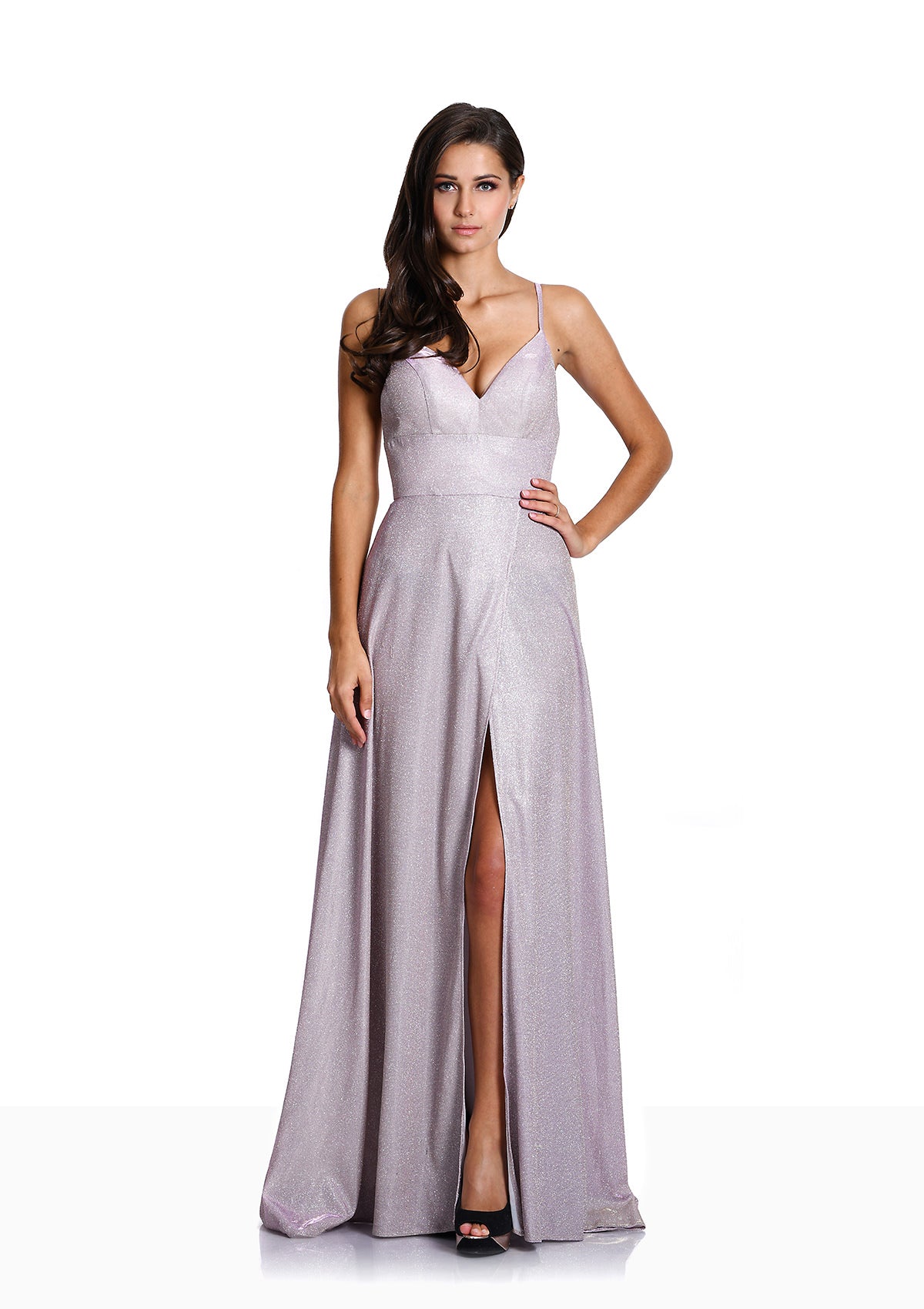 Glitter A line floaty dress with leg slit. Perfect prom dress with sweetheart neckline. Pretty spaghetti straps.