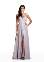 Load image into Gallery viewer, Glitter A line floaty dress with leg slit. Perfect prom dress with sweetheart neckline. Pretty spaghetti straps.
