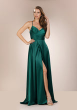 Load image into Gallery viewer, Plain silk green prom dress. Detailed cross over back. Emerald green prom and evening dress with leg slit.
