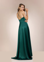 Load image into Gallery viewer, Plain silk green prom dress. Detailed cross over back. Emerald green prom and evening dress with leg slit.
