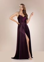 Load image into Gallery viewer, Plain silk purple prom dress. Detailed cross over back. Emerald green prom and evening dress with leg slit.
