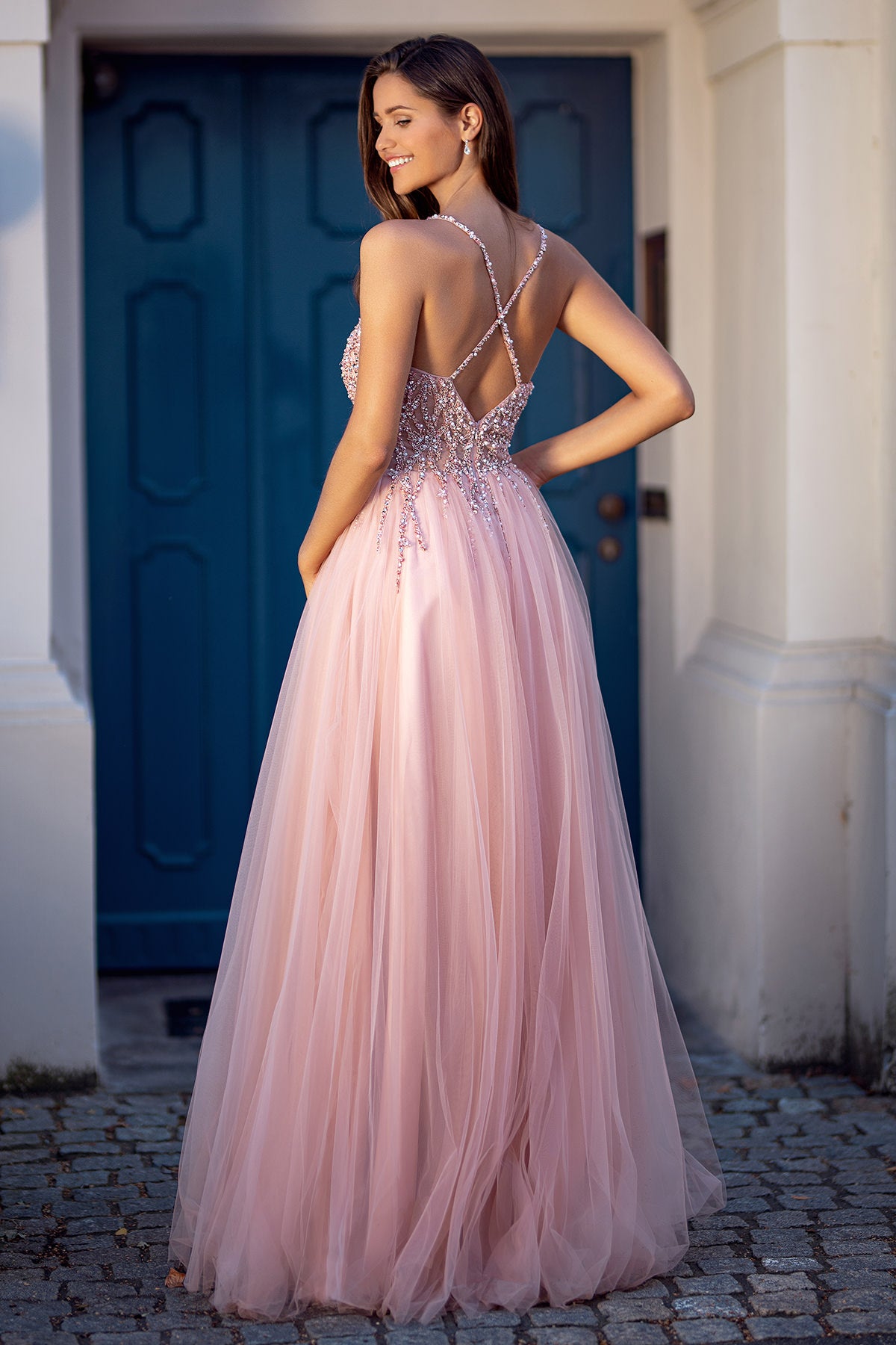 beaded pink prom dress