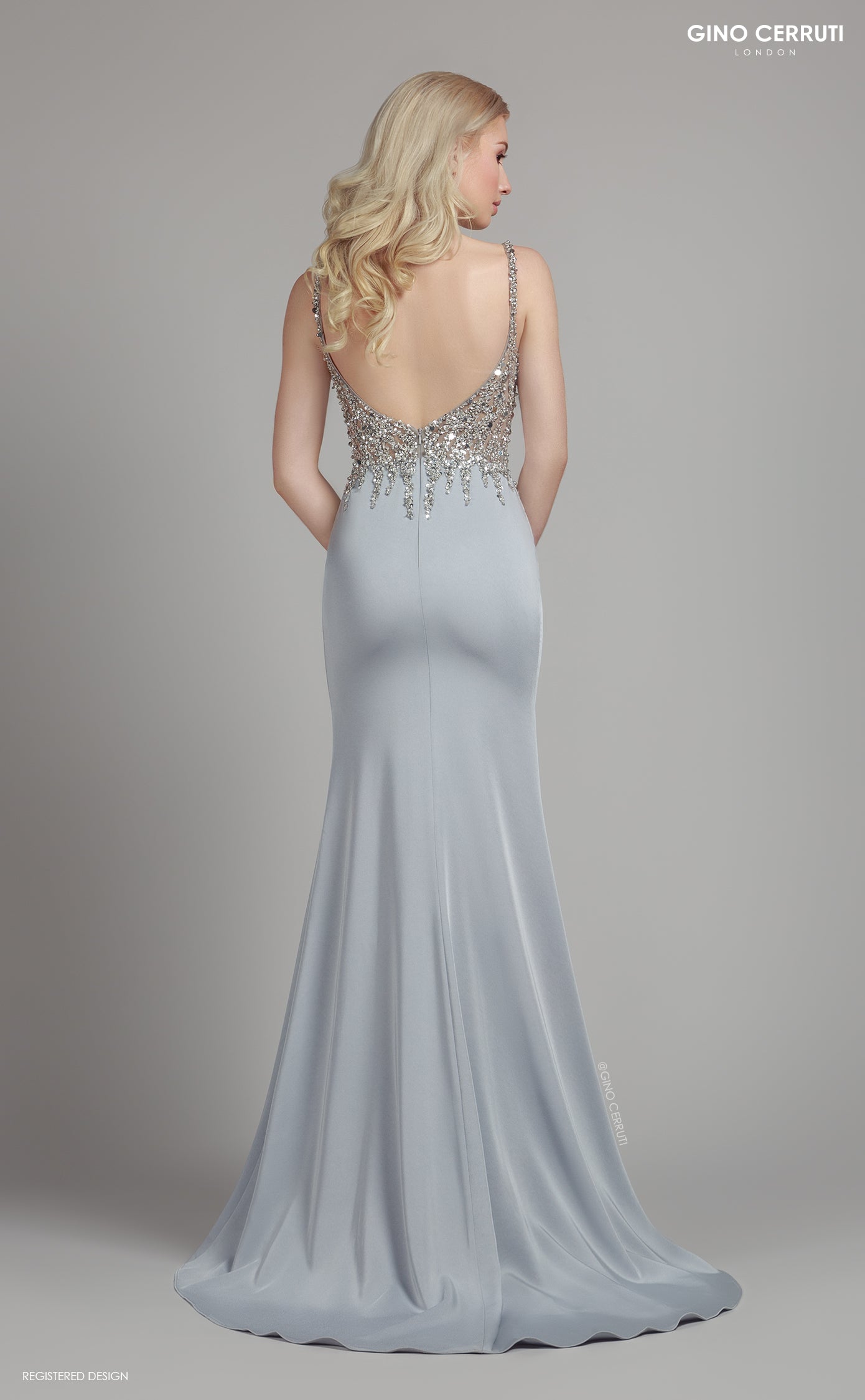Silver embellished silky prom dress
