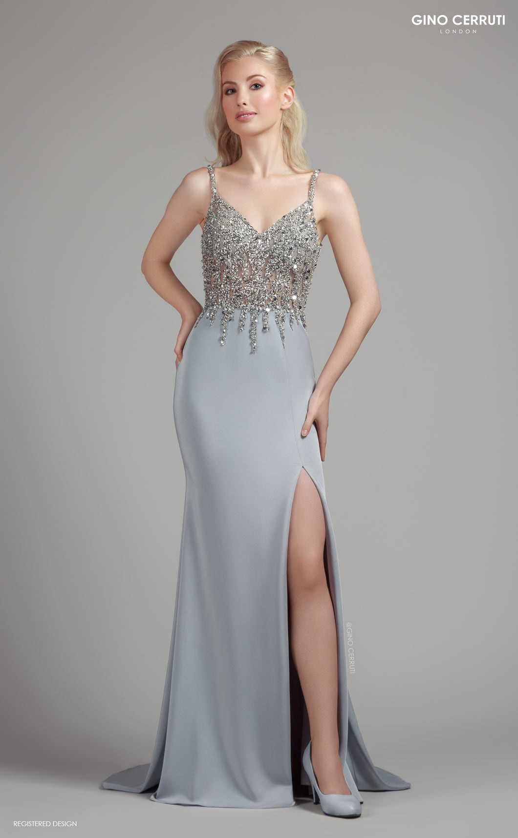 Silver sparkly beaded prom and evening dress