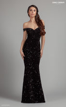 Load image into Gallery viewer, Black off the shoulder sparkly prom dress
