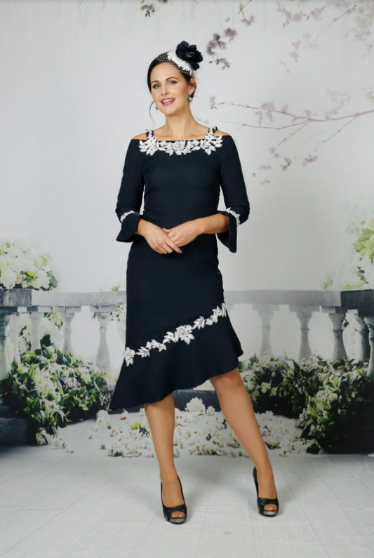 Boat Shoulder Lace Navy Dress