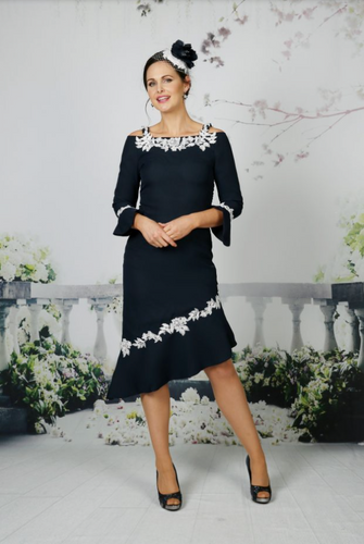 Boat Shoulder Lace Navy Dress