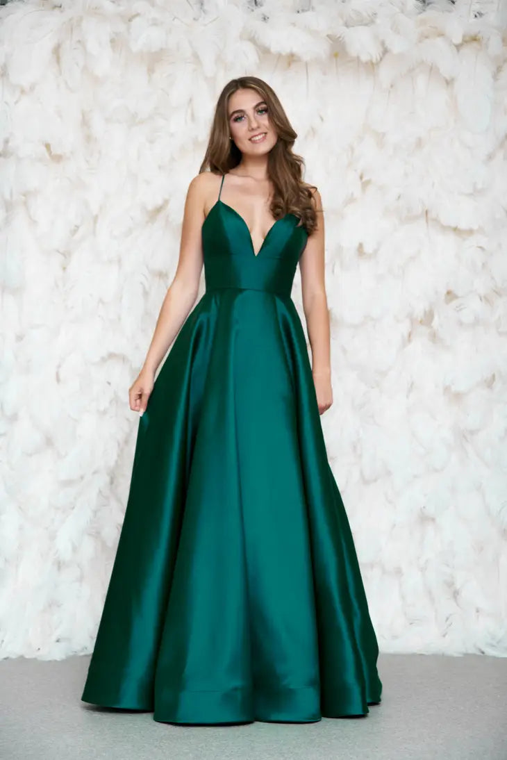 Green Satin Deep V Dress