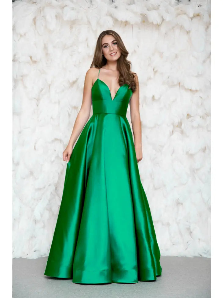 Green Satin Deep V Dress
